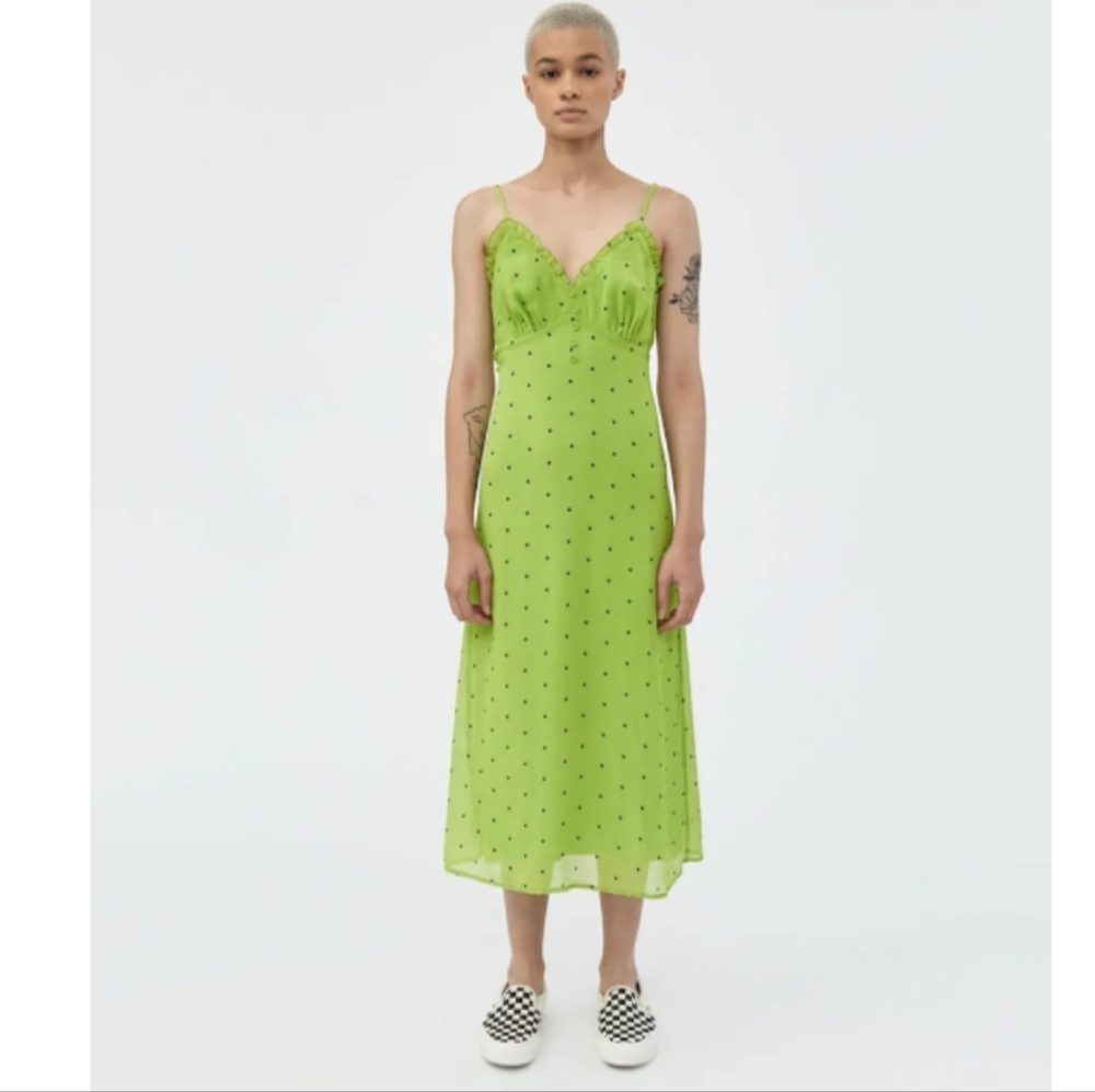 Which We Want  Neon Green Polka Dot Ruffle Details Midi Y2K Dress M